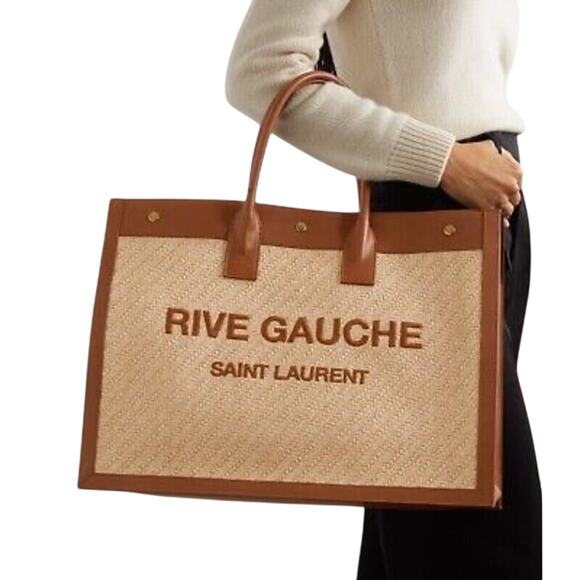 SAINT LAURENT ‘Rive Gauche’ Embroidered Raffia & Leather Tote Bag Natural NWT - Picture 2 of 8